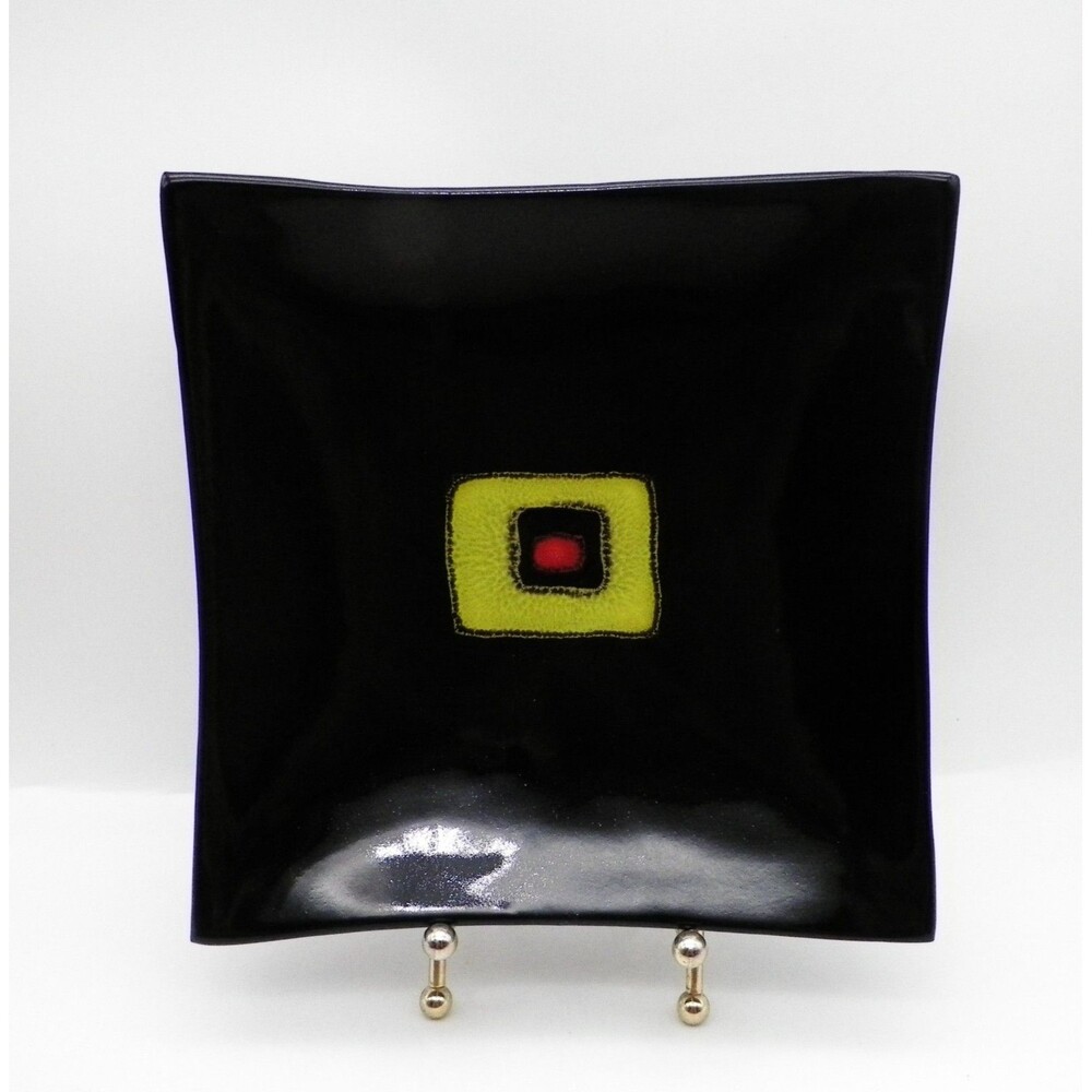 Square Black Ceramic Trinket or Catchall Dish Sushi Plate Color Block  7.75" VTG